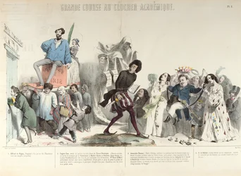 "Grande Course au Clocher Academique", karikatyr av Institut de France, 1839 (se även 218694) (färggravyr)